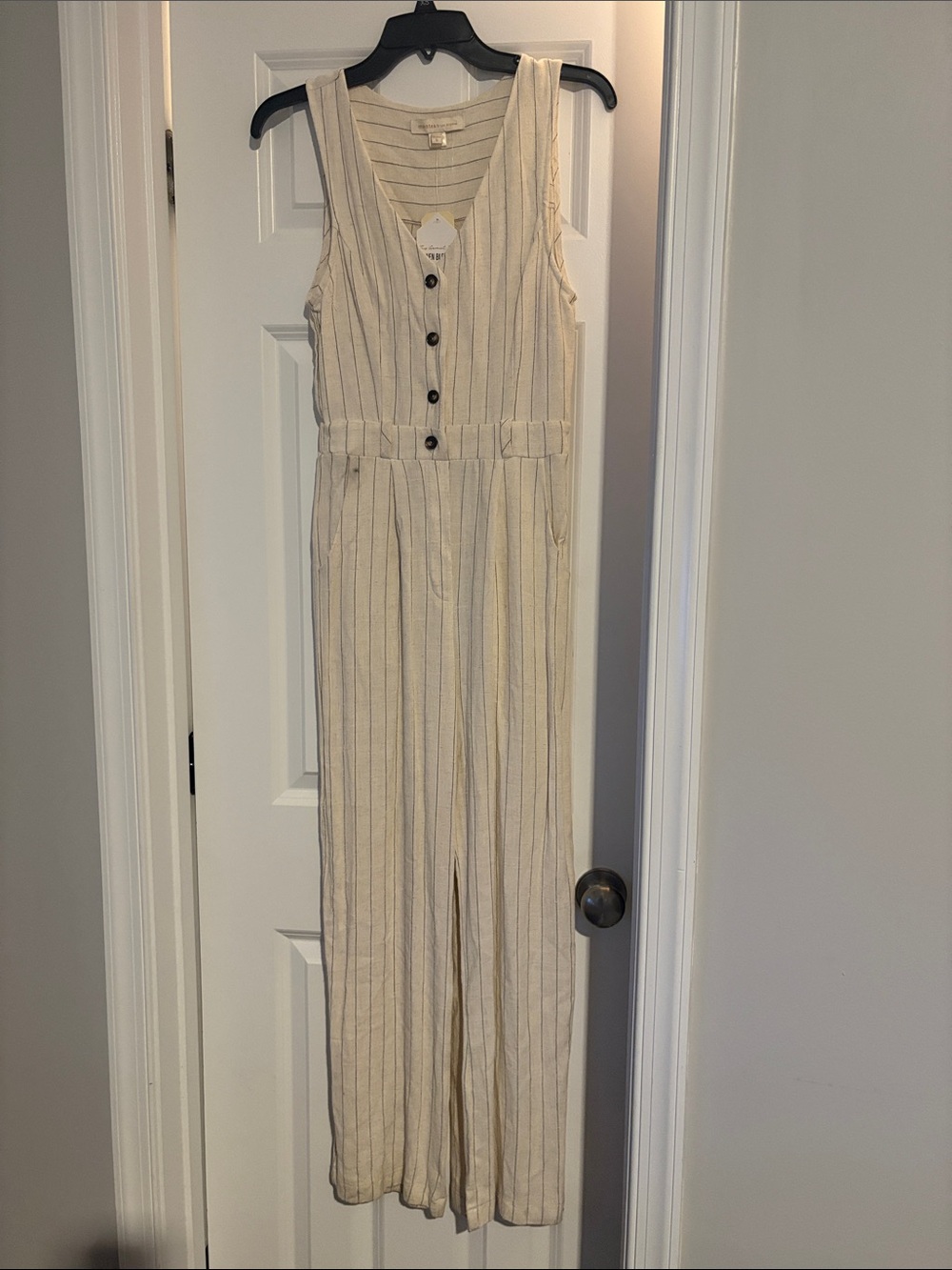 Cream pinstripe Sleeveless Button-Front Striped Jumpsuit (small stain)